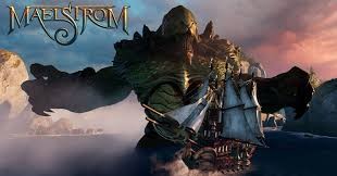 A colossal sea monster looms over a warship in stormy seas from the game Maelstrom.